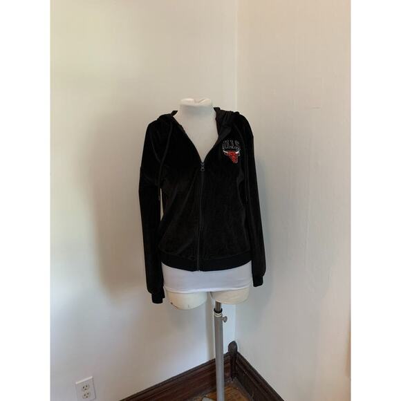 NBA Full Zip Hoodie y2k Juicy VTG Black Chicago Bulls Basketball Logo Stretch - Picture 1 of 8